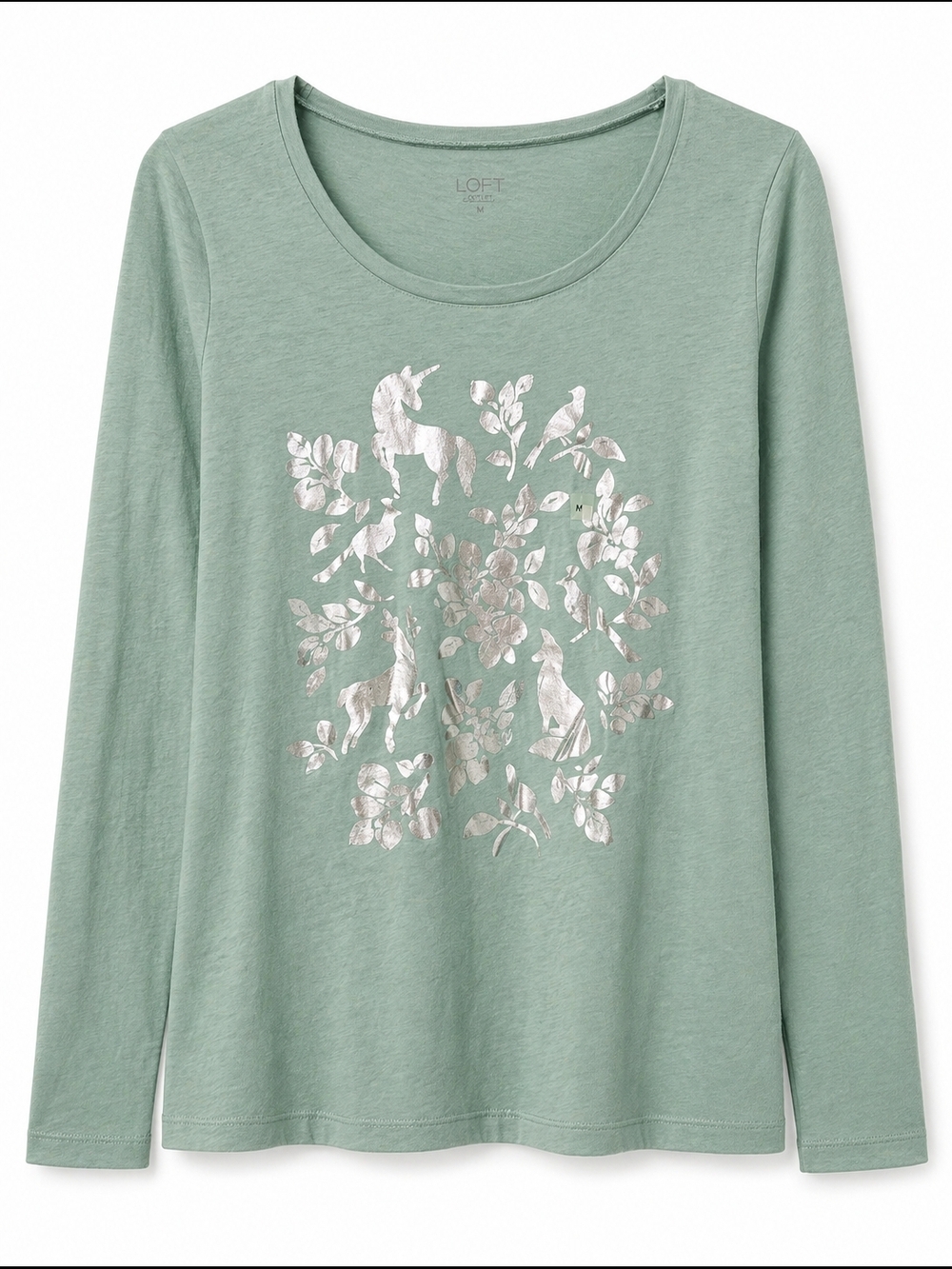 2/$20 LOFT Outlet Sage Green Unicorn Graphic Long Sleeve Top M NWT